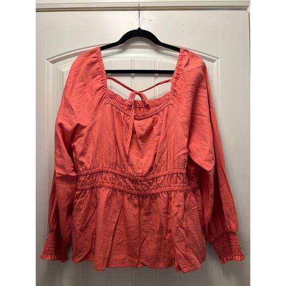 NWT Ava and Viv Women’s Smocked Long Puff Sleeve Cotton Peplum Top‎ Size 1X Pink - Picture 3 of 6